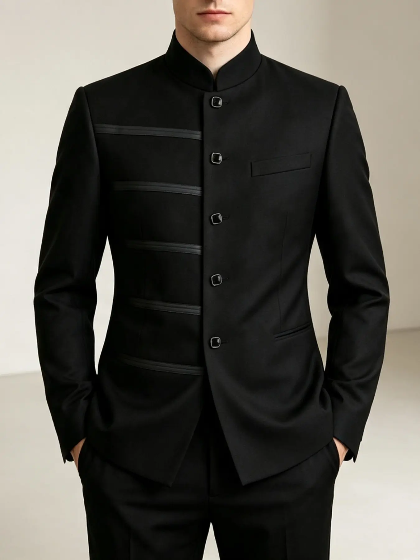 Ainwear Plus Size Men Mandarin-Collar Striped Blazer Jacket, Loose-Fitting Casual Outerwear, All Seasons Party & Daily Wear
