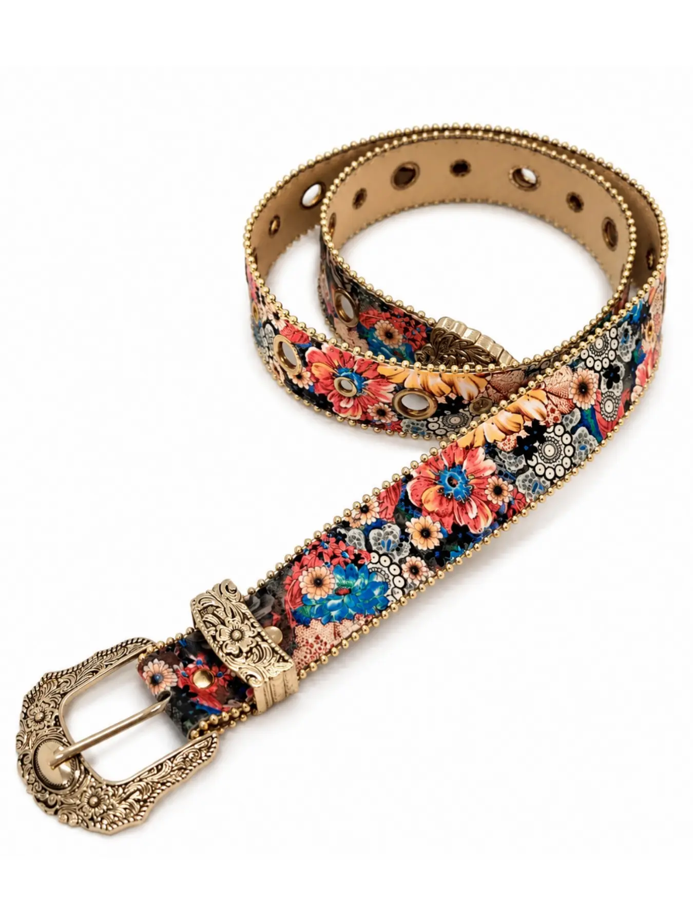 Floral Print Full-Hole PU Leather Belt, Vintage Western Style, Embossed Buckle, Fashionable and Elegant, Daily Commute Wear, Everyday Belts, Printed Belts