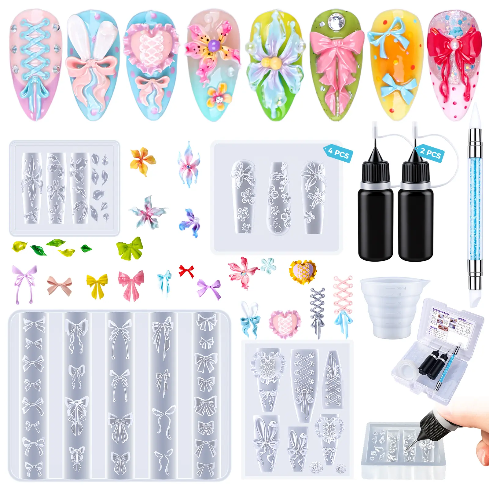 modelones 3D Silicone Nail Art Molds, 3D Multiple Flower &Lace Bow Designs with Carving Pen, Easy DIY Nail Mold forGel & Acrylic, Reusable Nail Art Tools for Beginners &Professionals