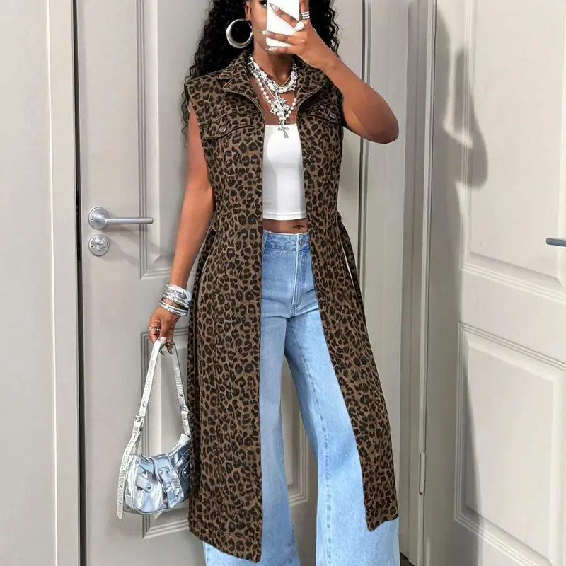 Women's Leopard Print Denim Jacket, Sleeveless Turn-Down Collar Design, Spring & Fall Outerwear, Casual Daily Wear, Fashionable Ladies' Coat, Casual Chic Outerwear