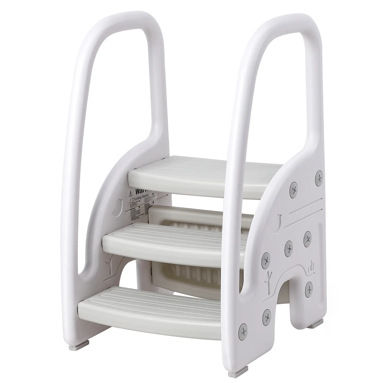 Safe 3-Step Stool  – Sturdy Plastic Standing Tower with Handrails and Non-Slip Pads – for Bathroom, Kitchen Counter, and Potty Training – Gray/Pink