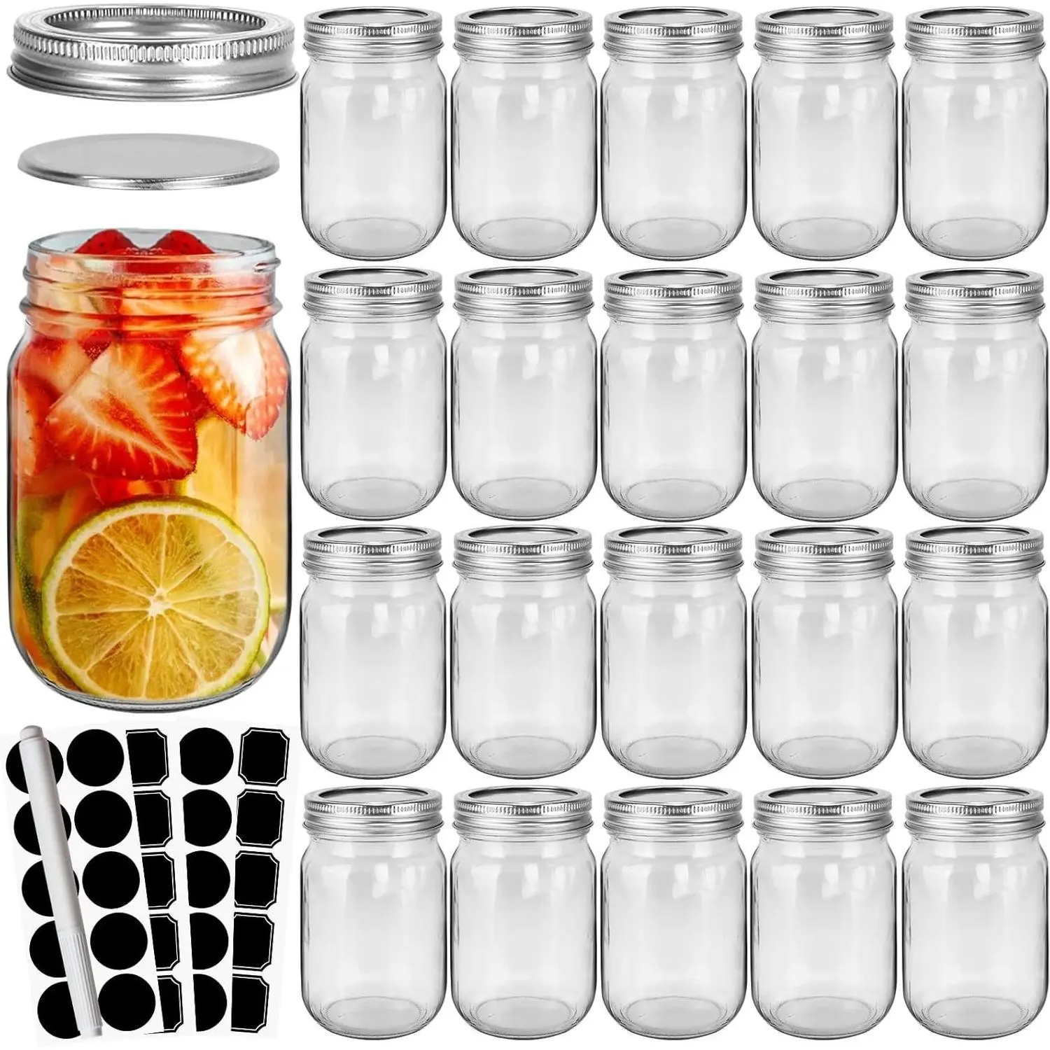 20 Pack 12oz Glass Mason Jars with Silver Separable Lids, BPA-Free, Airtight, 350ml Round Canning Jars for Honey, Jam, Herbs, Wedding Favors, Kitchen Storage, Crafts, Meal PrepGift