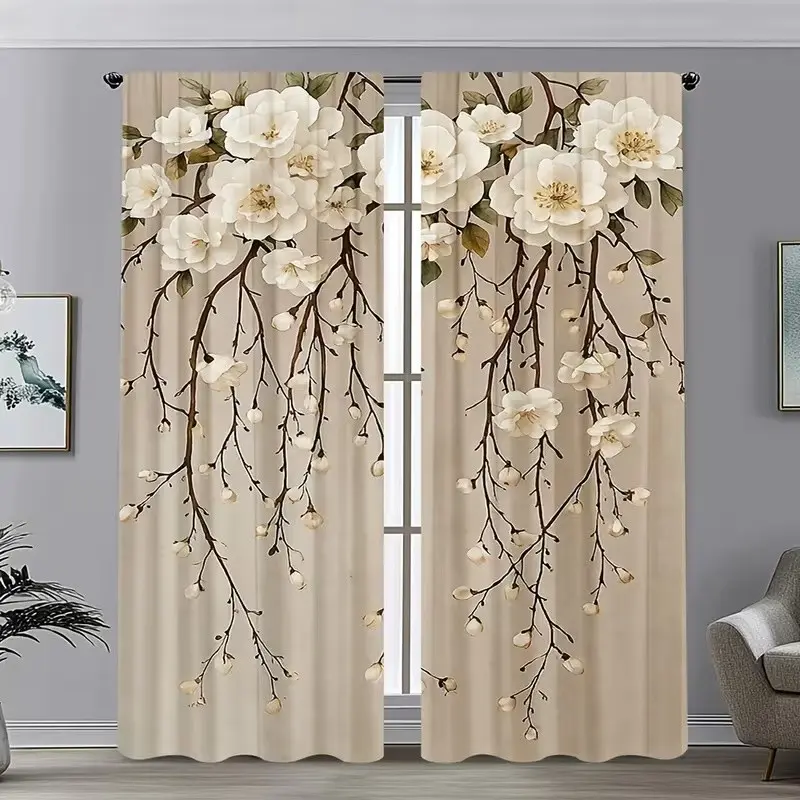 2 Piece Polyester 2D Plant Theme Curtains, Floral Wall Pattern Rod Pocket Window Drapes, Bedroom and Living Room Decor, Ready Made Curtains