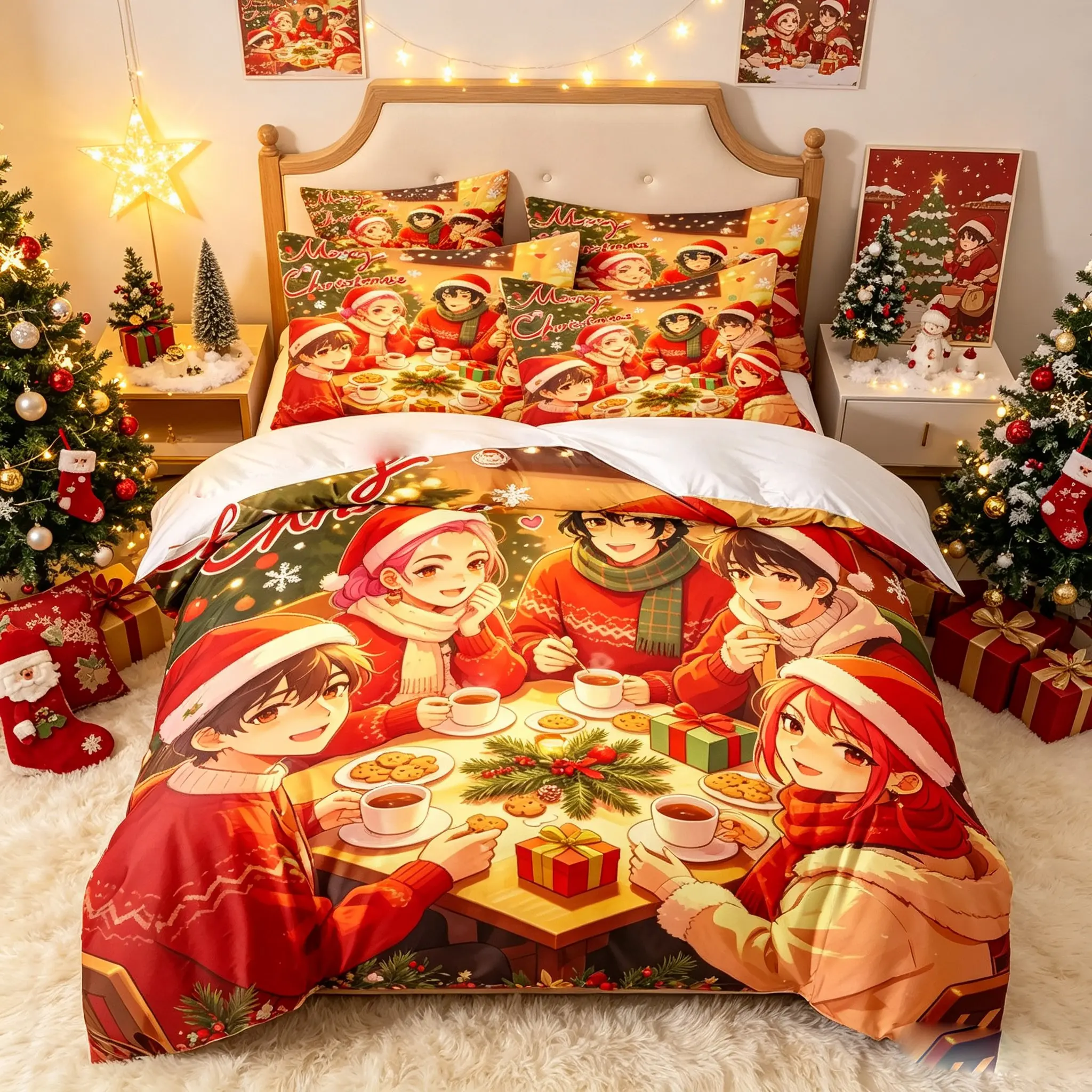 3-Piece Christmas Bedding Set, Festive Anime Characters & Tree Design, Soft Comfortable Fabric, Ideal for Bedroom, Hotel, Dormitory