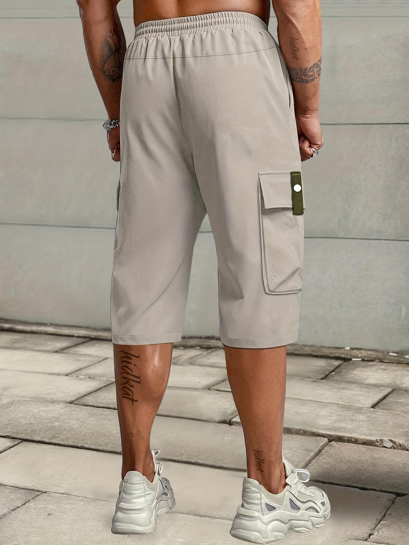 Men's Summer Casual Cargo Shorts - Elastic Drawstring Waist, Multiple Pockets & Letter Patch Design, Regular Fit Mid-Rise Non-Stretch Fabric for Daily Wear & Leisure Activities, Nontransparent Fabric