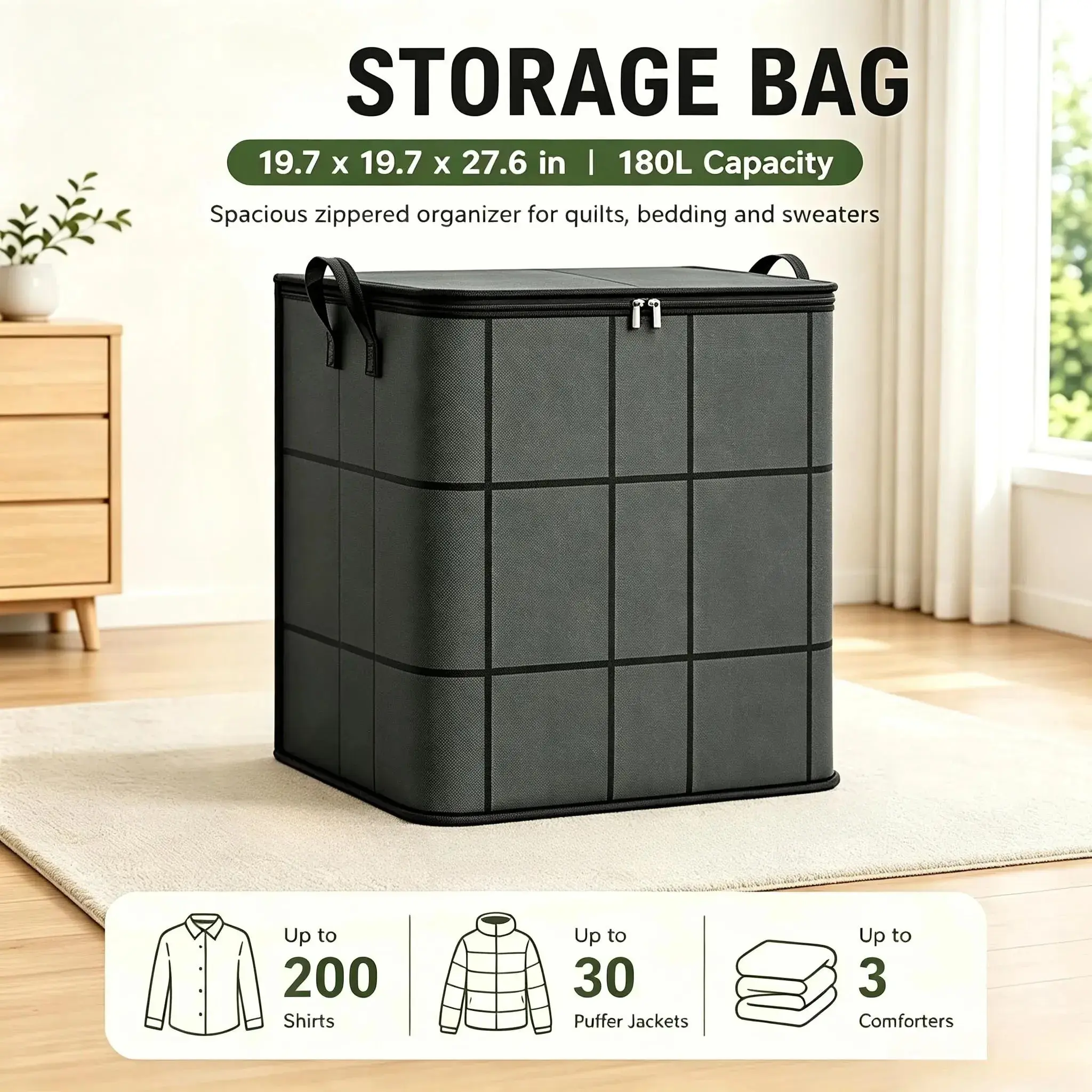 Extra Large Foldable Fabric Storage Bin with Handles & Zipper, Heavy‑Duty Dustproof Non‑Woven Organizer Bag, High Capacity for Clothes Bedding, Closet Bedroom Dorm & Moving Space‑Saving Storage Solution Organizer Bins