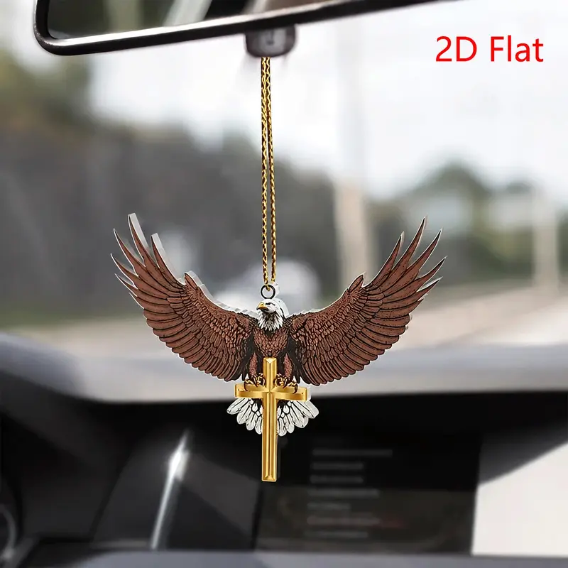 1pc 2D Plane American Eagle Car Pendant, Christian Cross Rearview Mirror Ornament, Car Decoration, Home Wall Decor