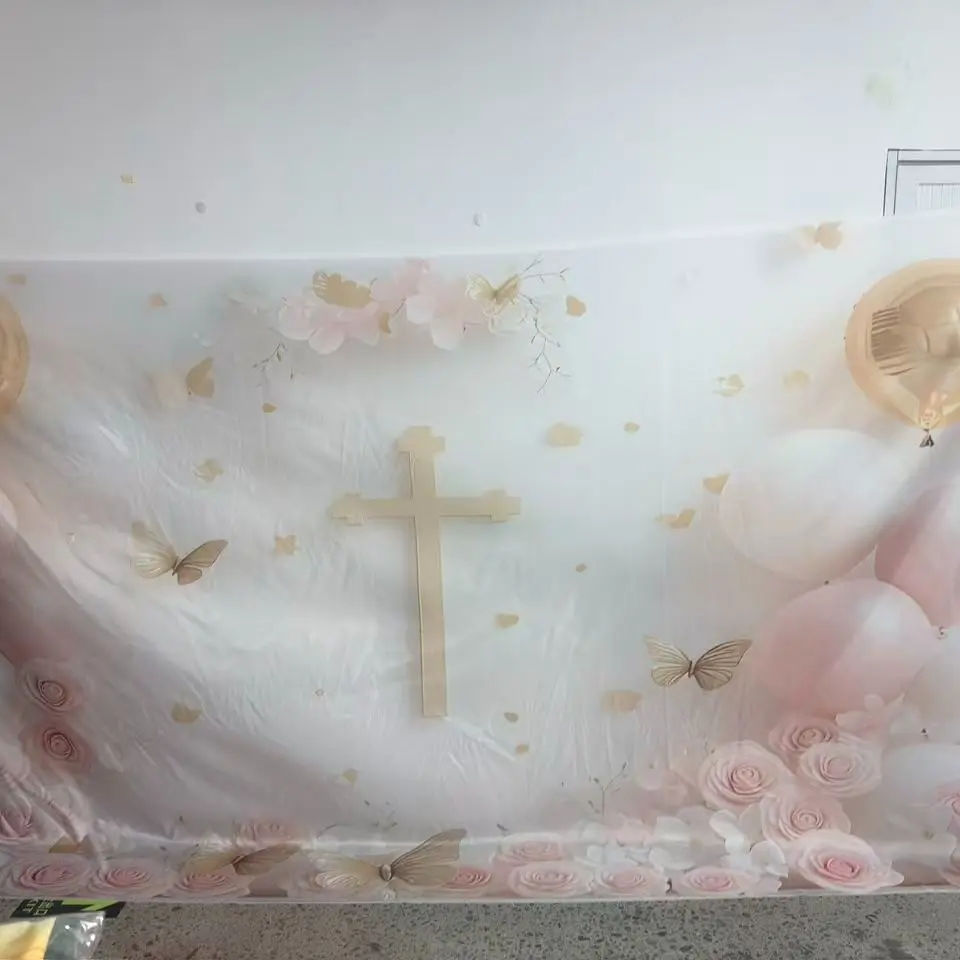 First Communion Photography Background Cloth Pink Rose Gold Butterfly Cross Baptism Naming Ceremony Party Decoration, Polyester Material, Suitable for Home, Room, and Wall Decoration, as well as Party Supplies and Gifts, Festival Party Decoration