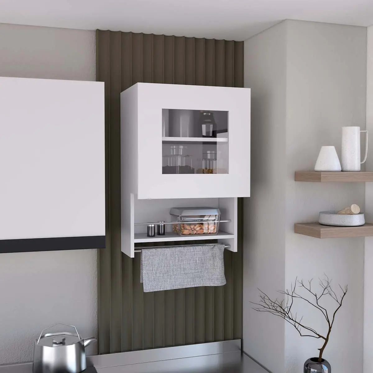 Kitchen wall cabinet 29" H, with towel rack and spice rack, one door, two internal shelves, white