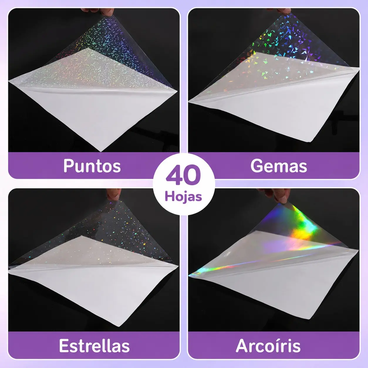 40 Sheets A4 Holographic Cold Lamination Film, 8.3×11.7 Inch (21x29.7cm) 4 Styles Mixed: Diamond, Rainbow, Stars, Dots, Clear Waterproof Self-Adhesive Vinyl Sticker Paper