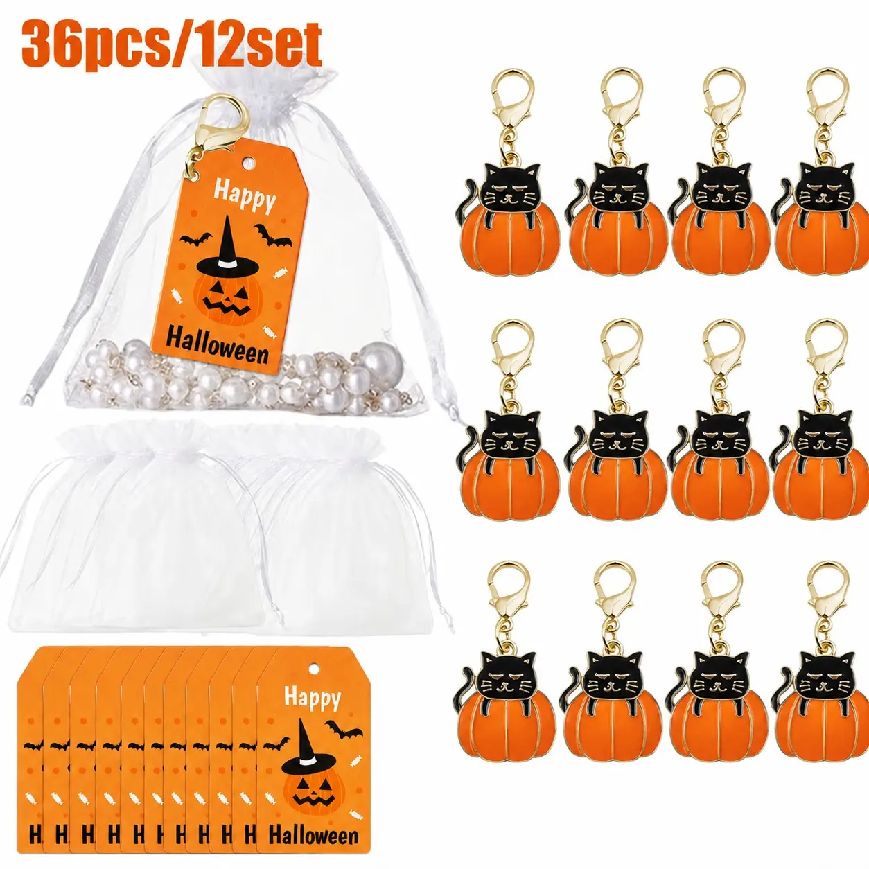 Halloween Cat Pumpkin Keychain Set, Cute Keychain Accessory, 12 Pcs Party Favor Kit, Includes Organza Bag and Card Tag, Cute Halloween Gift Filler