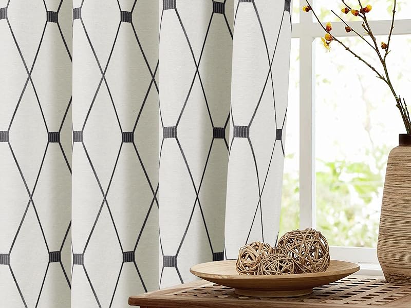 Joywell Cream Linen Textured Curtains 84 inches Long for Living Room Embroidered Farmhouse Window Curtain Grommet Drapes 2 Panels Heavy Cotton Curtains Black Checkered Pattern on Beige