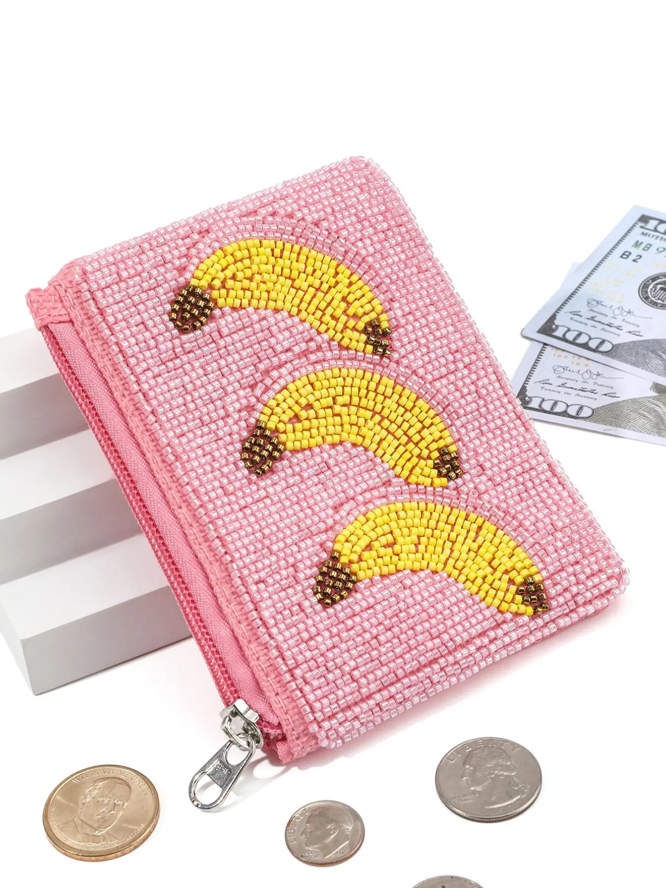 Pink Beaded Banana Coin Purse for Women, Cute Mini Zipper Card Holder, Portable Change Wallet, Fashion Gift Pouch for Girls