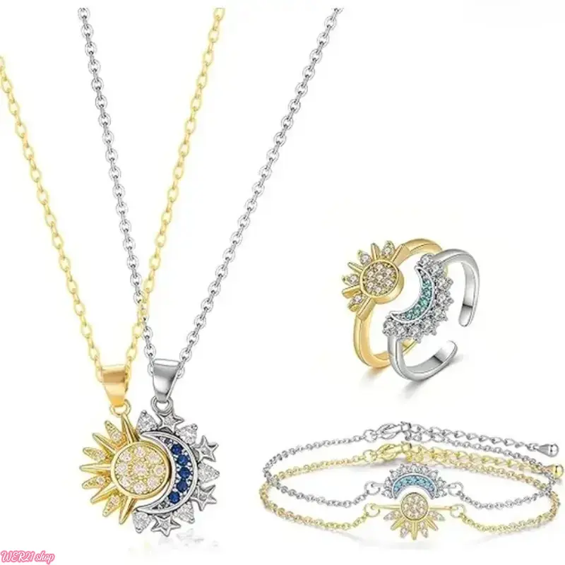 [WER21]3pcs Sun Moon Matching Jewelry Set for Couples Adjustable Matching Sun and Moon Magnetic Necklace Magnetic Bracelet Ring Set Couple Jewelry Gifts for Him and Her, Party, Love & Back to School