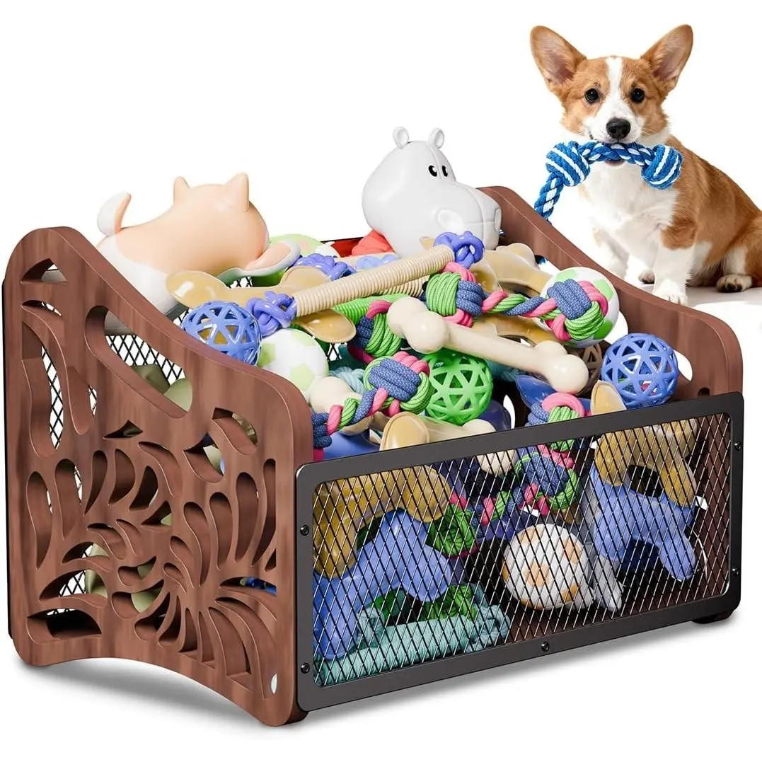 Large Dog Toy Basket,Wood Dog Toy Box,Cat Toy Basket Box,Dogs Toys Storage Bin,Pet Toys Baskets for Living Room Outdoors Organizing Storage