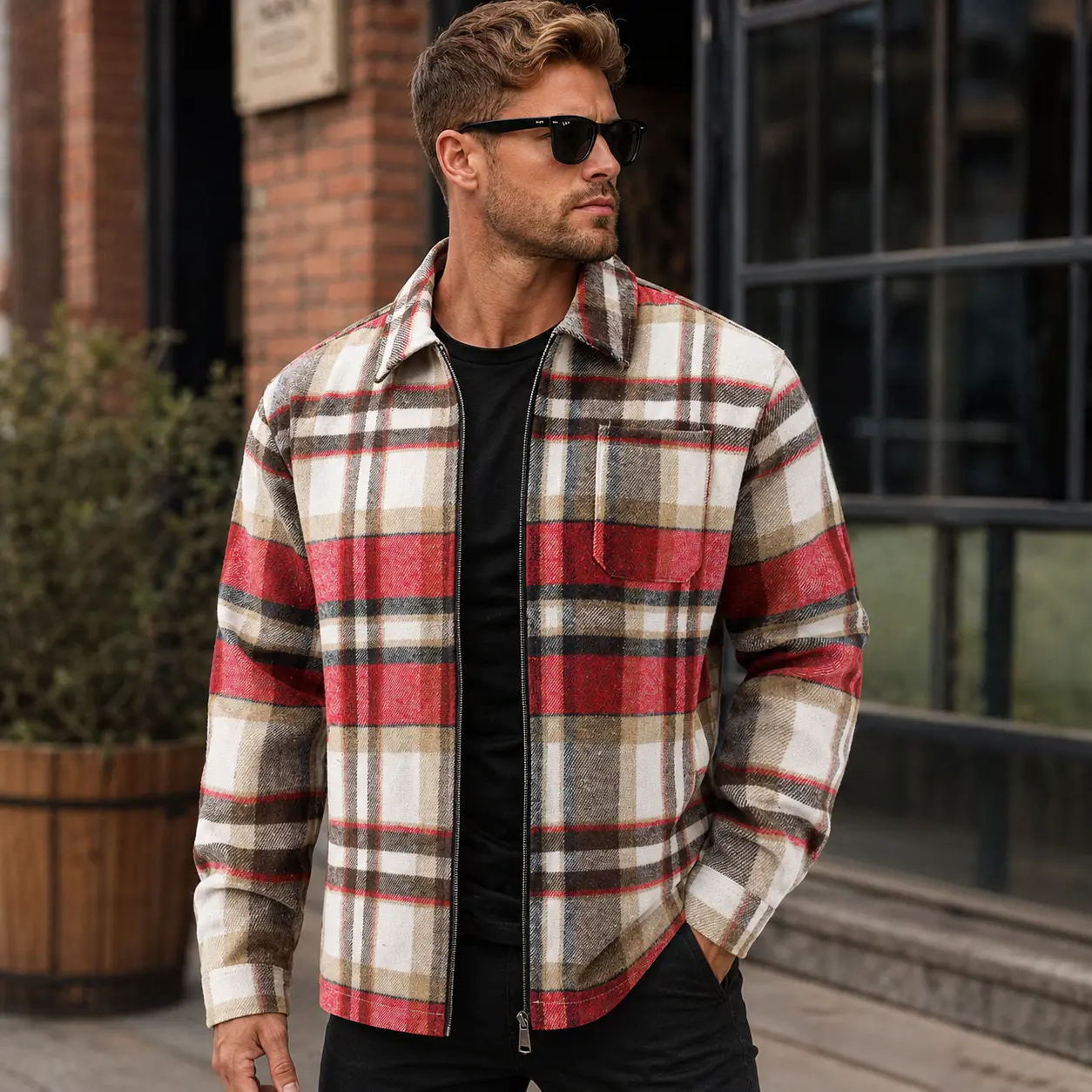 Men's Plaid Flannel Shacket - Checked Longsleeves Full-Zip Collared Outerwear with Pockets, Loose Fit, Cozy Soft Premium Menswear, Vintage Casual Streetwear, Machine Washable (Red, Khaki, White, Cream, Black), Plaid Pattern, Polyester, Tartan Check