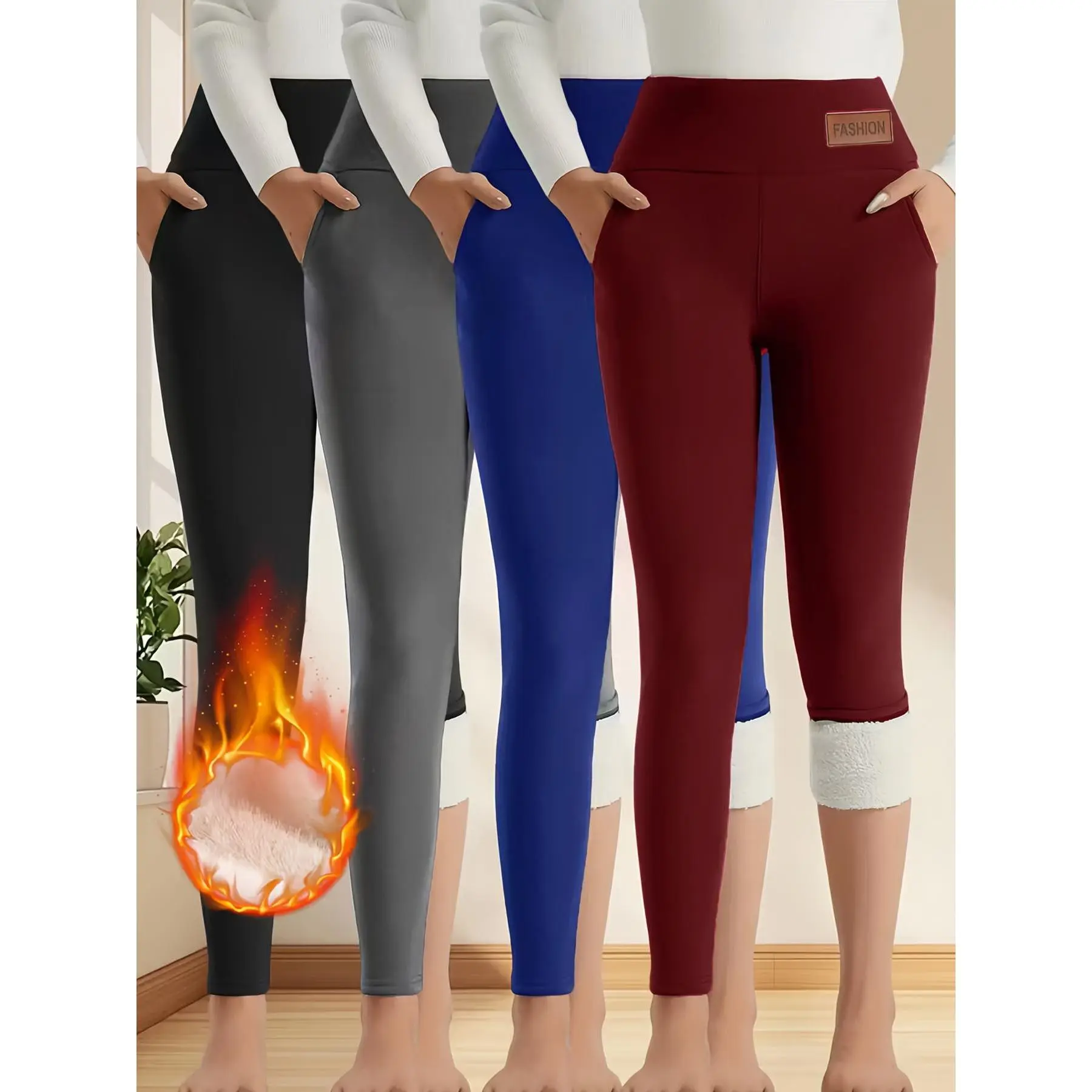 Women's High-Waisted Fleece-Lined Tummy Control Leggings,Thickened & Elastic Waistband - Winter Thermal Insulation,With Side Pockets - Convenient For Storage,Machine Washable - Easy Care Solid Color Design,Teen Fashion - Stretchy Comfort Fabric