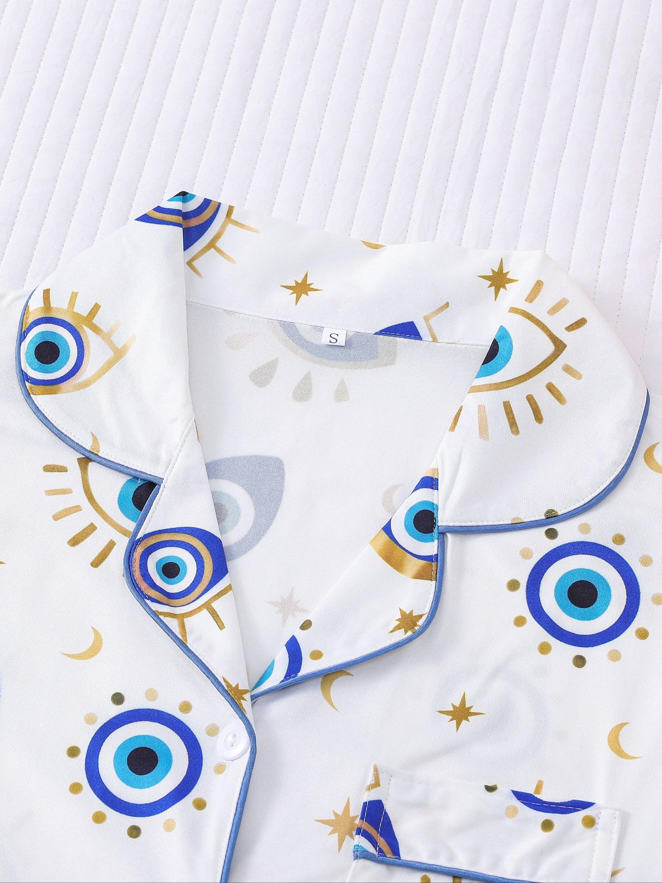 Women's All Over Cartoon Eye Print Short Sleeve Pajama Two-piece Set, Casual Comfy Button Front Chest Pocket Design Lapel Neck Top & Elastic Waist Shorts PJ Set, Ladies Sleepwear for All Seasons, Pajamas, Starlight Pajama Set