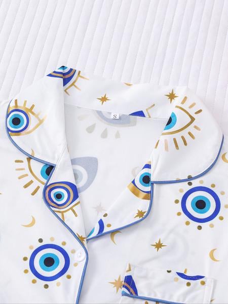 Women's All Over Cartoon Eye Print Short Sleeve Pajama Two-piece Set, Casual Comfy Button Front Chest Pocket Design Lapel Neck Top & Elastic Waist Shorts PJ Set, Ladies Sleepwear for All Seasons, Pajamas, Starlight Pajama Set