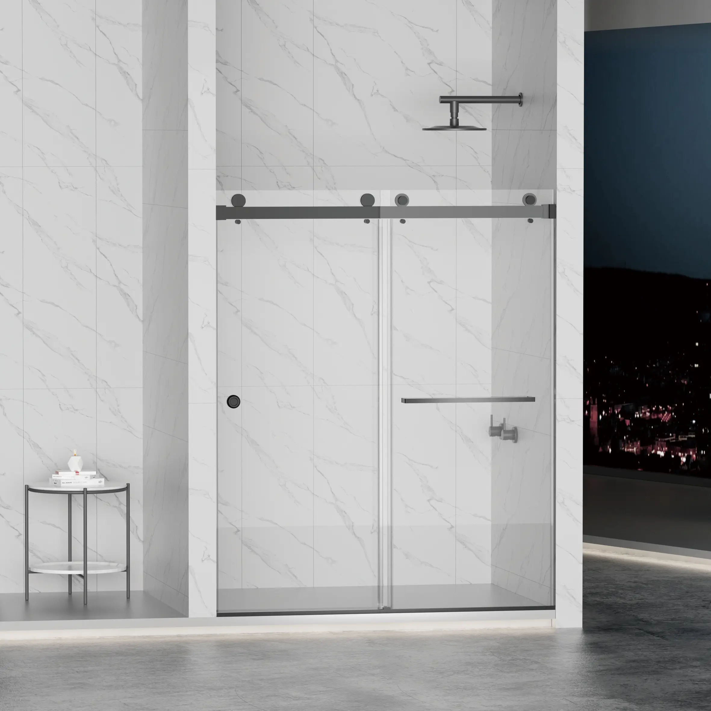 ARCH Frameless Sliding Shower Door 55-59"W x 72"H Adjustable Double Sliding Glass Door 5/16"(8mm) Tempered Safety Glass Stainless Steel Frame Matte Black Easy-Clean Coating Waterproof Reversible Installation Bathroom Enclosure, Matte Black Color Opti