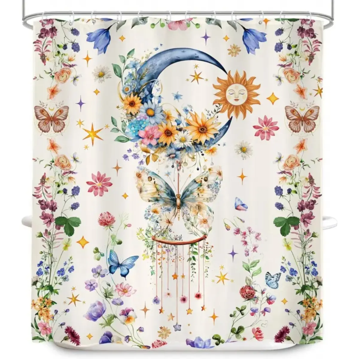 Boho Mystic Sun-Moon Butterfly Wildflower Shower Curtain - Retro Farmhouse Colorful Decorative Wall-Mounted Vintage Witchy Celestial Floral Waterproof Bathroom Curtain