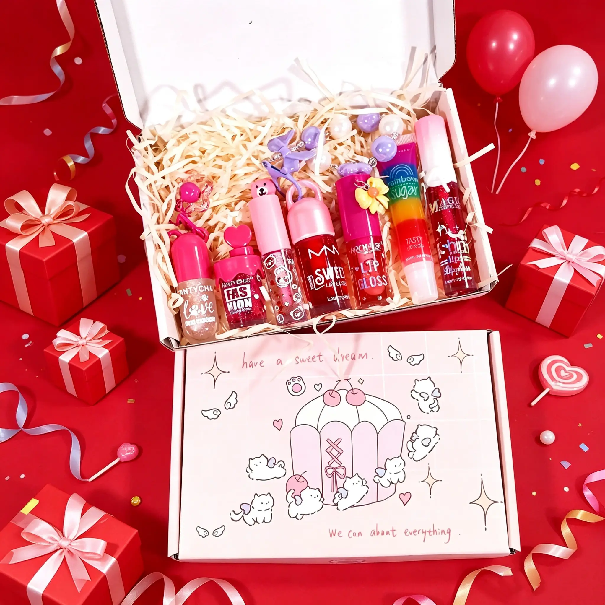 Cute Cat Print Lip Gloss Set, 7pcs Multi-Color Shimmer Gel, Moisturizing Hydrating Jelly Lip Color, Holiday High-Quality Makeup Gift Box