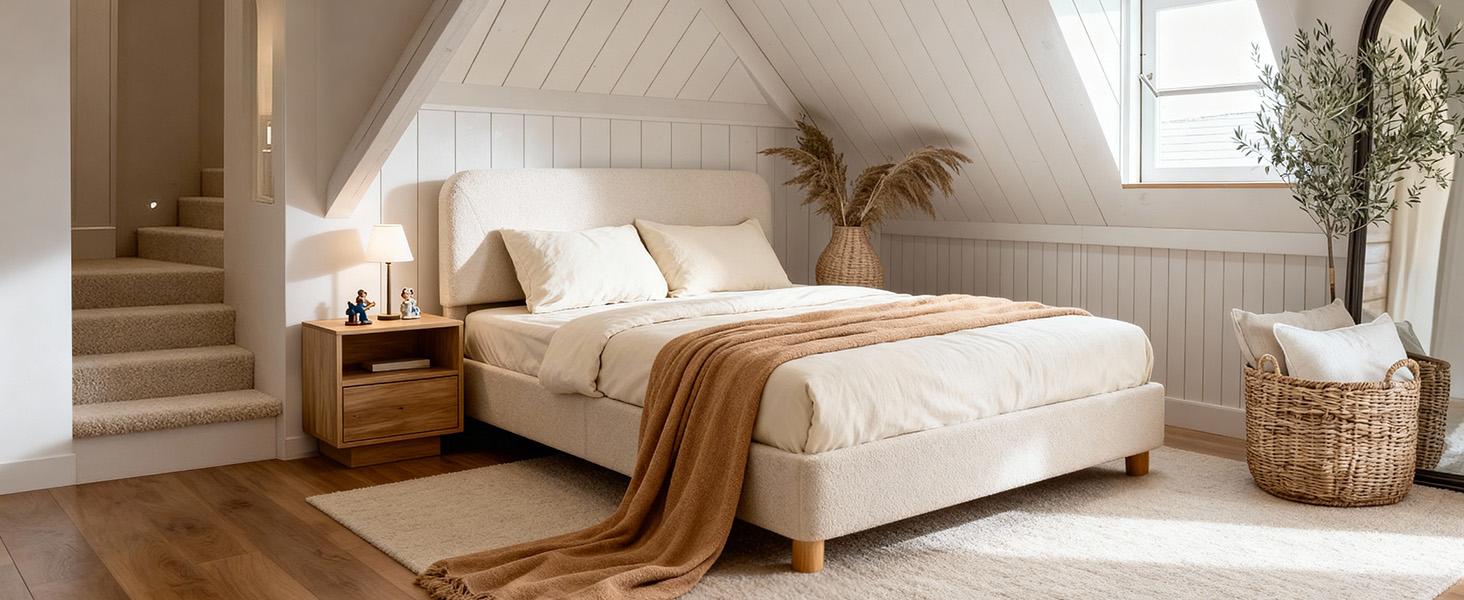 Queen Size Cloud Bed Frame, Soft Boucle Bed Frame with Adjustable Headboard, Solid Wood Legs, Rounded Corners Design & Easy Assembly – Modern Platform Bed,Cream