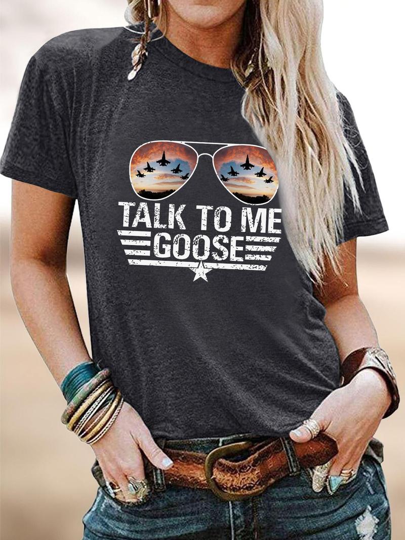 Women's Letter & Sunglasses Print Round Neck Tee, Fashion Casual Crew Neck Short Sleeve T-Shirt for Summer, Women's Clothes for Daily Wear