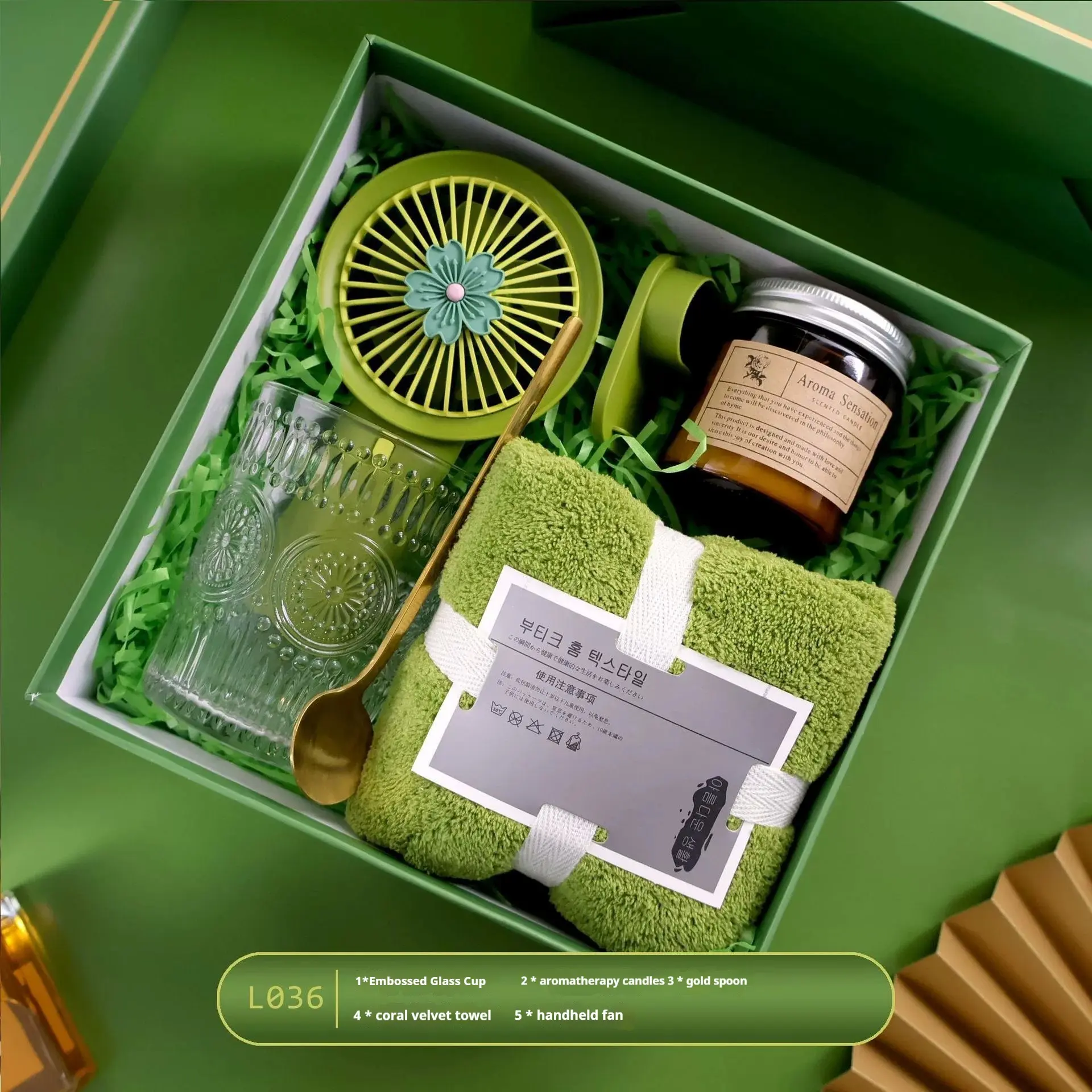 1set Green Practical High end Companion Gift - Party Gift Packs Birthday Gift for Employees/Customers/Friends, Ceramic Cup/Towel/Umbrella/Simulated Sunflower/Fan/Notebook/Glass/Aromatherapy Candle Multi combination Set