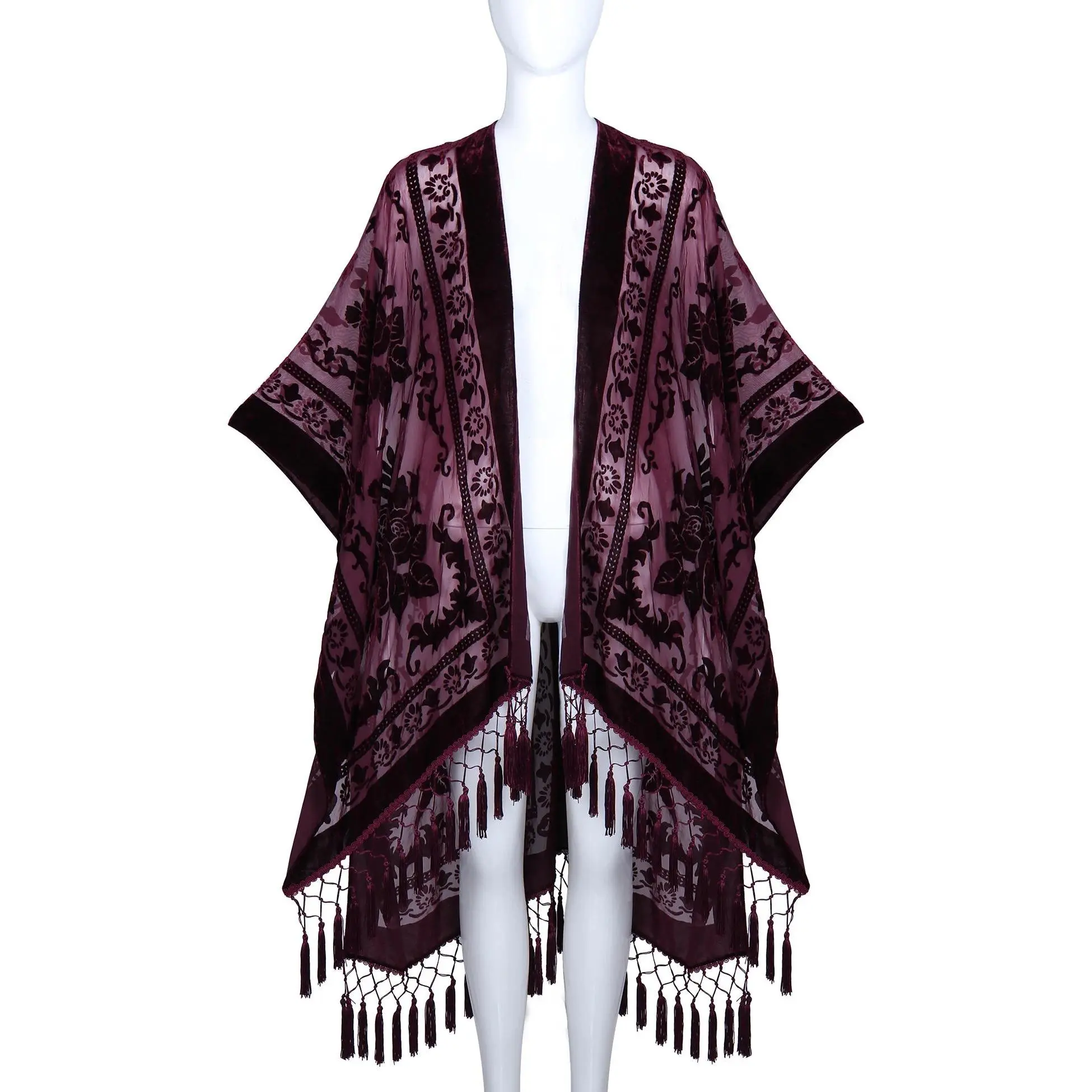 WeHello Bohemian burnt plush kimono Women's long Purple Tassel Beach Cover-up  Holiday Casual Cardigan Shawl JYPF-20