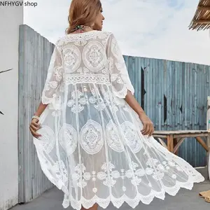 Boho Floral Lace Kimono Cover Up, Three Quarter Sleeve Long Sheer Beach Cardigan, Circular Embroidery Mesh Outfit for Women Summer Seaside and Resort Vacation