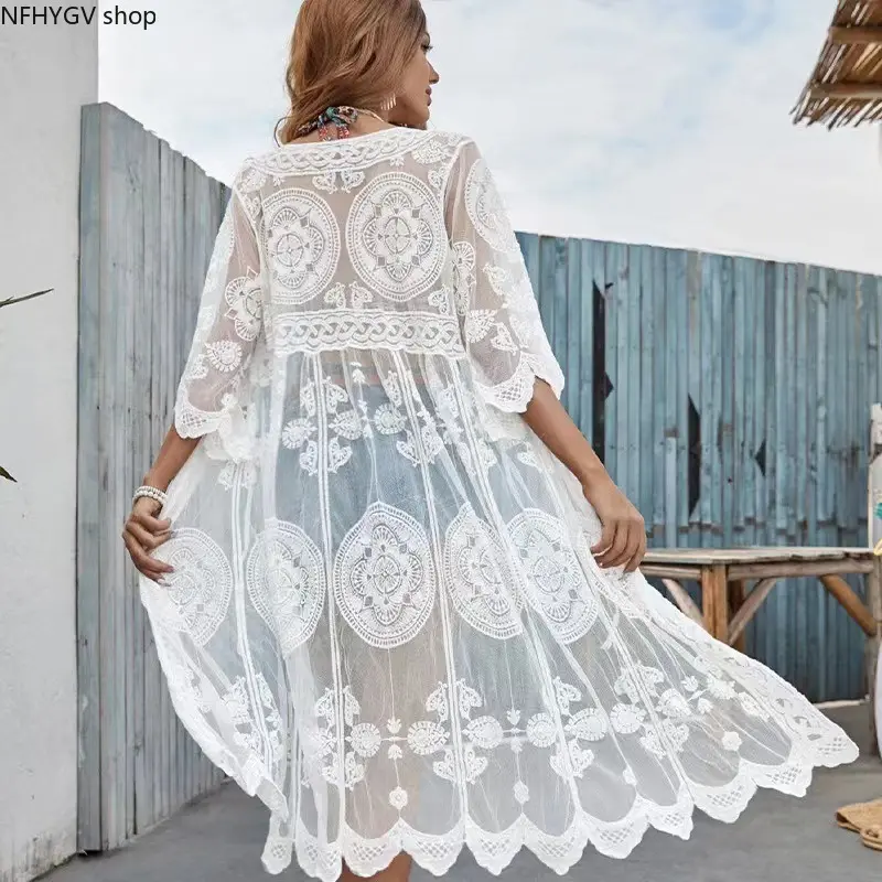 Boho Floral Lace Kimono Cover Up, Three Quarter Sleeve Long Sheer Beach Cardigan, Circular Embroidery Mesh Outfit for Women Summer Seaside and Resort Vacation