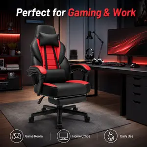 Big and Tall Gaming Chair with Footrest, Ergonomic High Back Computer Chair with Massage Lumbar Support, Red Gamer Office Chair