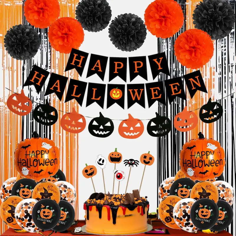 Halloween Party Decorations Set | Happy Halloween Banner Pumpkin Garland Balloons Cake Toppers Pom Poms Tinsel Curtain for Halloween Party Supplies