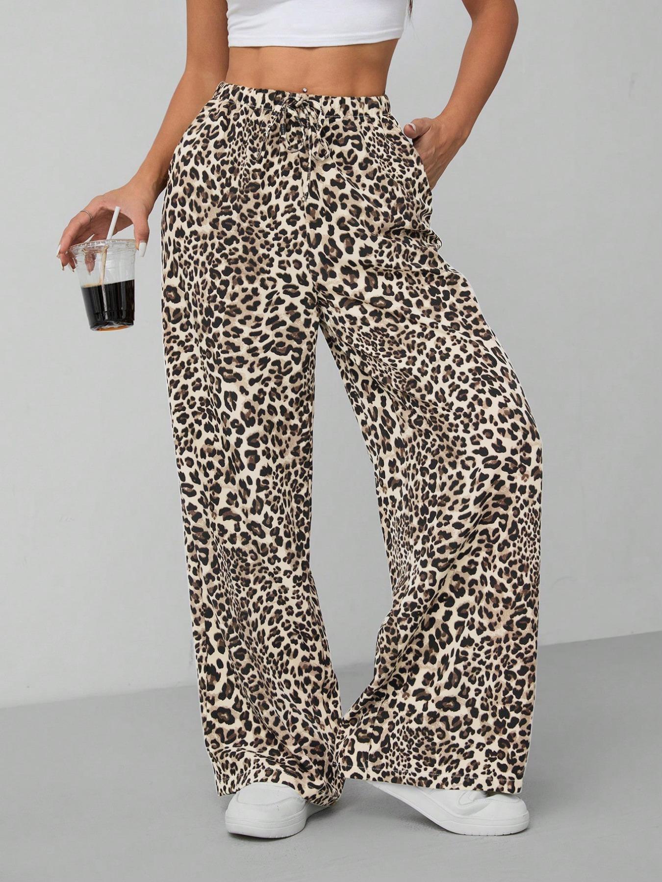 Women's Leopard Print Tie Front Pocket Wide Leg Pants, Casual Comfy Straight Leg Trousers for Daily Wear, Ladies Bottoms for All Seasons, Womenswear