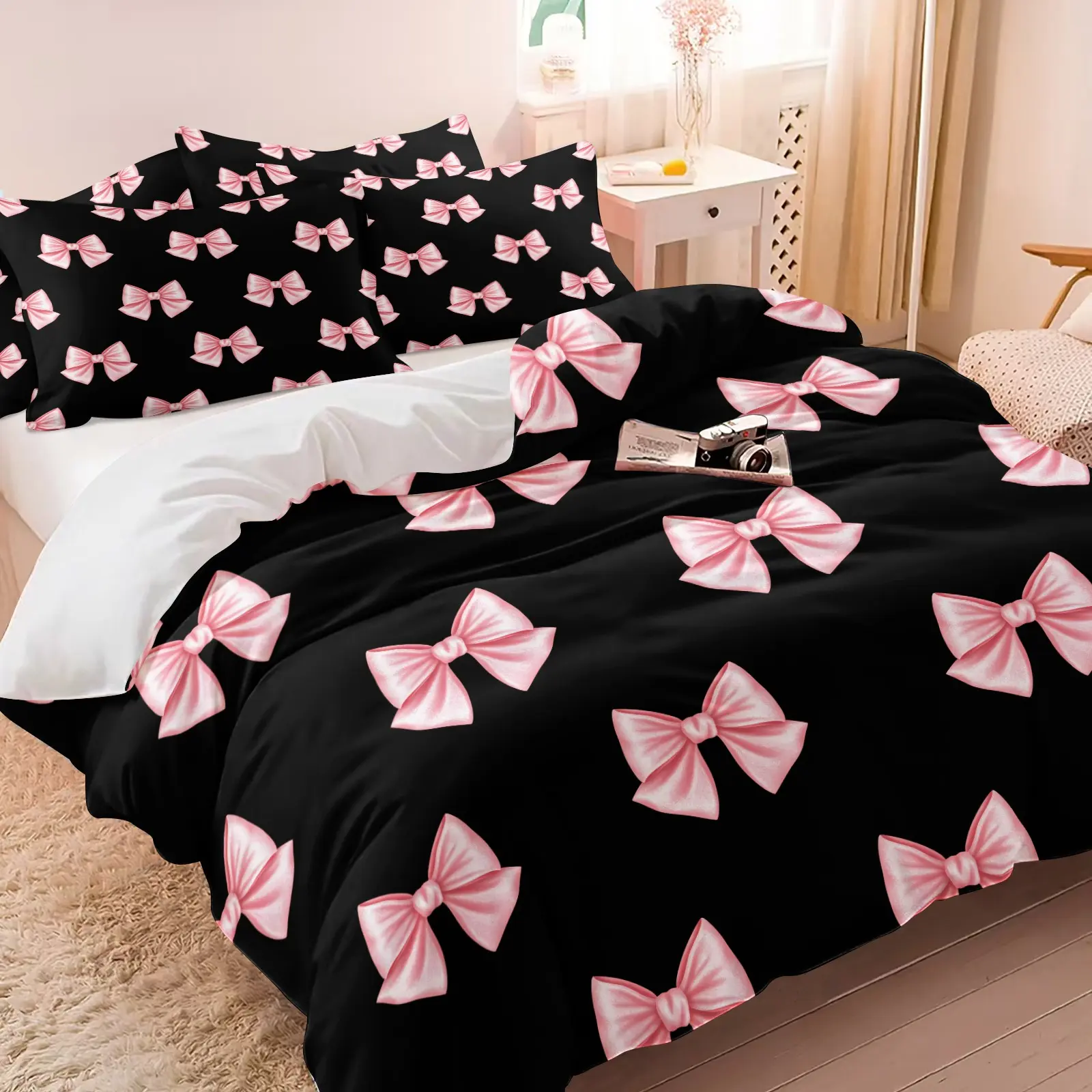 Pink Black Bow Duvet Cover Set, 1 Duvet Cover + 1-2 Pillowcases, for Kids Boys Girls Cute Dreamy Princess Style Comforter Set Ultra Soft Bow Pattern, Cute Preppy Dorm Bedroom Decoration, Gift for Bow Lover Enthusiast
