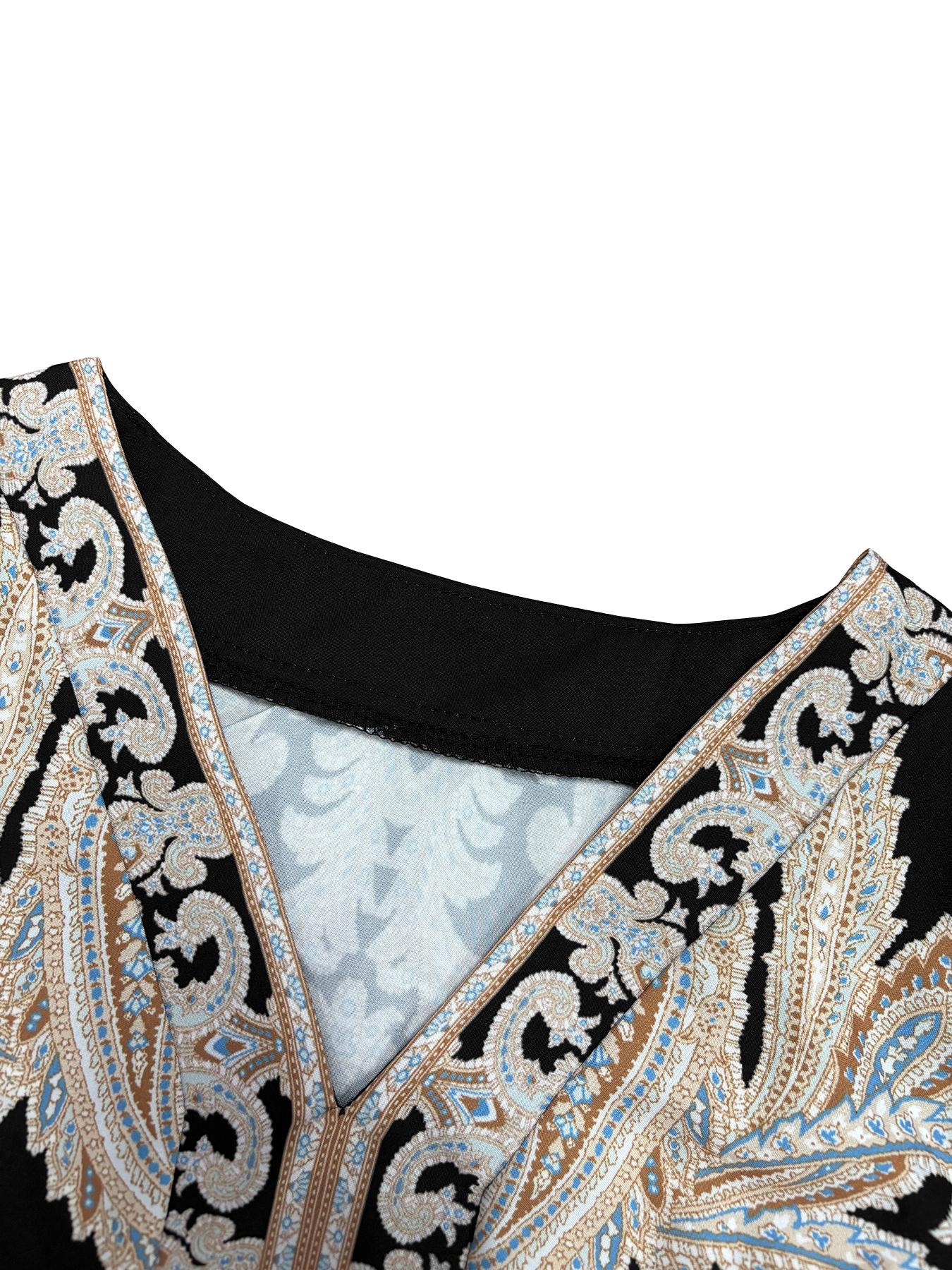 Women's Ethnic Style Floral Print Dress, Belt Detail, Casual Breathable Woven Elegant Vacation Look, Spring Summer A-Line Long Sleeve Ruffle Hem Dress