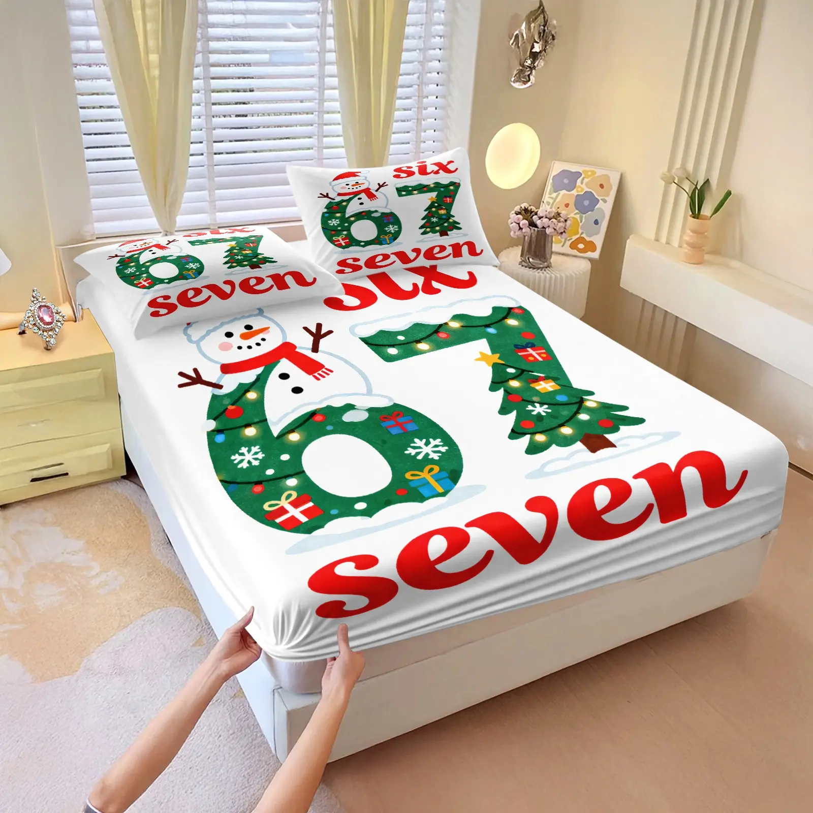 3Pcs Christmas Snowman Number Fitted Sheet Set, Xmas Tree Digit String Lights Bed Sheets Set, Festive Winter Holiday Bedroom Decor, Soft Microfiber Bedding Set, Cute Cartoon Holiday Print for Kids Bedroom Family Room No Fillers