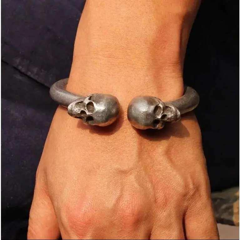 Skull Bone Copper Cuff Bracelet, Unique Gothic Skeleton Cool Mens Jewelry, High-End Luxurious Bold Masculine Wrist Accessory, Punk Hip Hop Halloween Costume Accessory for Guys