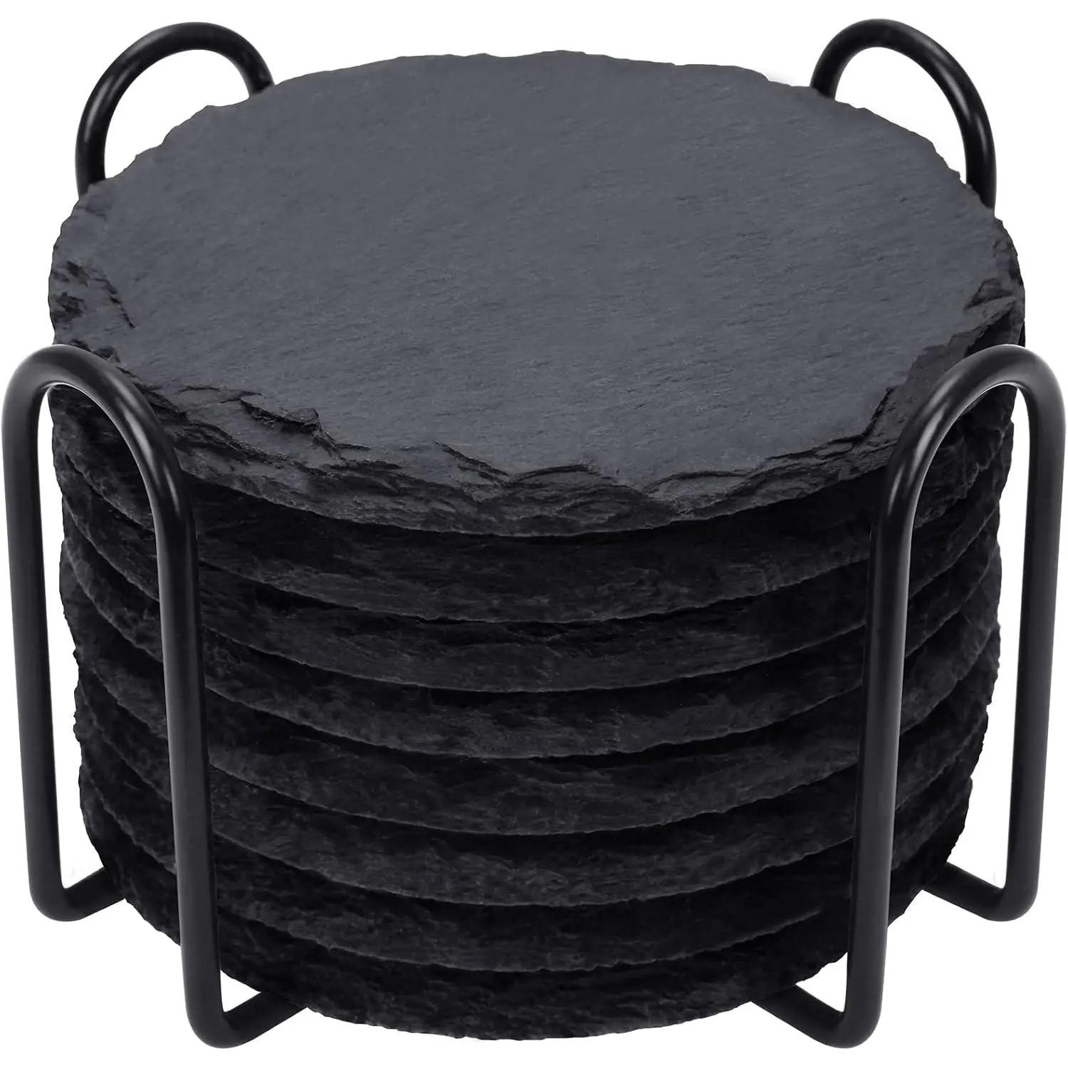 Slate Coasters Set of 8 with Metal Holder, Modern Stone Coasters for Drinks |   4 Inch Coffee Table Coaster Set Home Decor for Kitchen, Dining Room, Bar, Outdoor, House Warming Gifts, Wedding, Round, Black