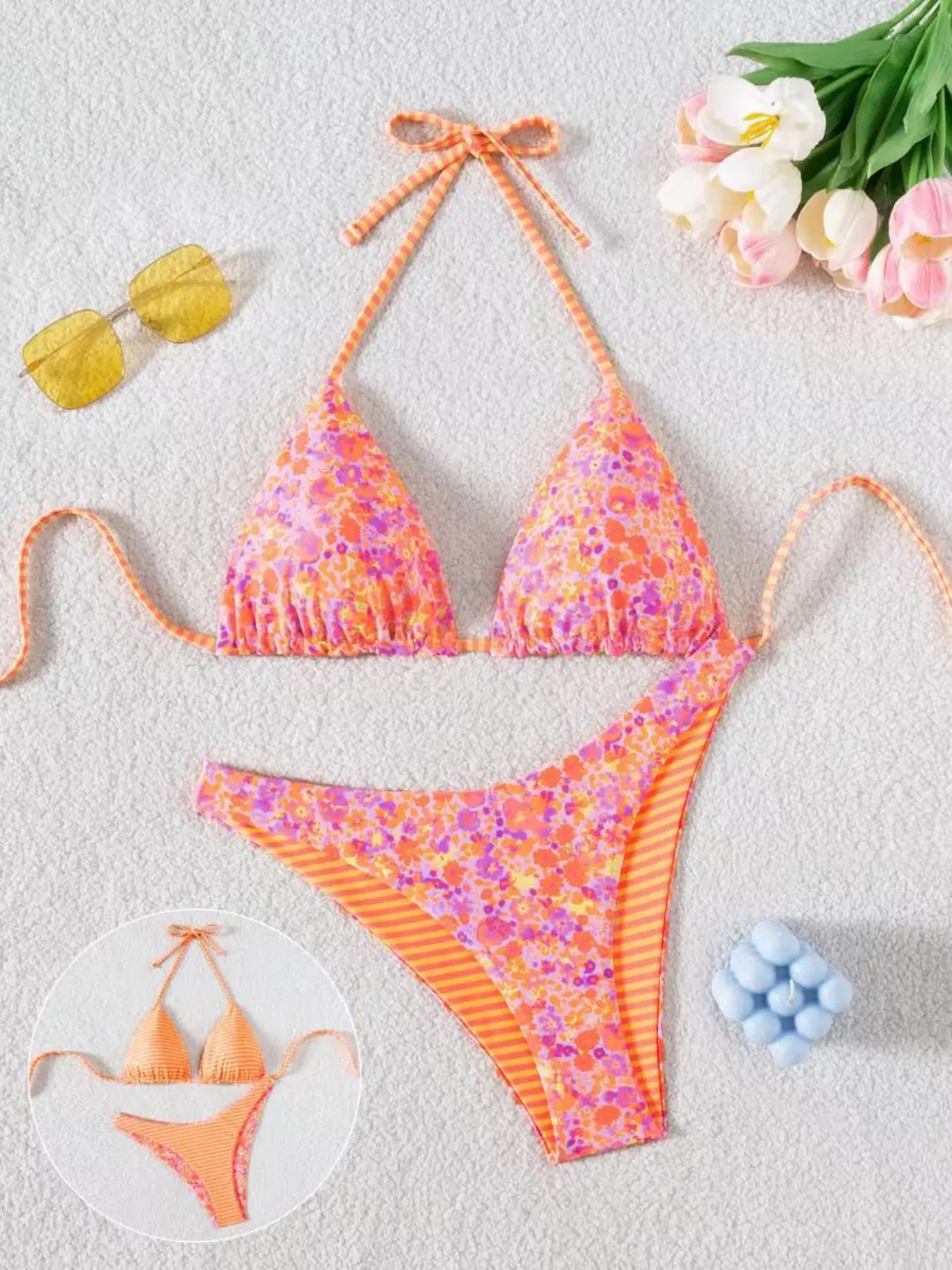 2026 New Women's Printed Fashion Casual Tie Beach Vacation Two-Piece Bikini Set, All over Print, Fitted, All Seasons