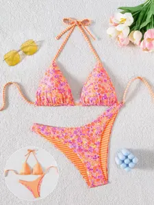 2026 New Women's Printed Fashion Casual Tie Beach Vacation Two-Piece Bikini Set, All over Print, Fitted, All Seasons