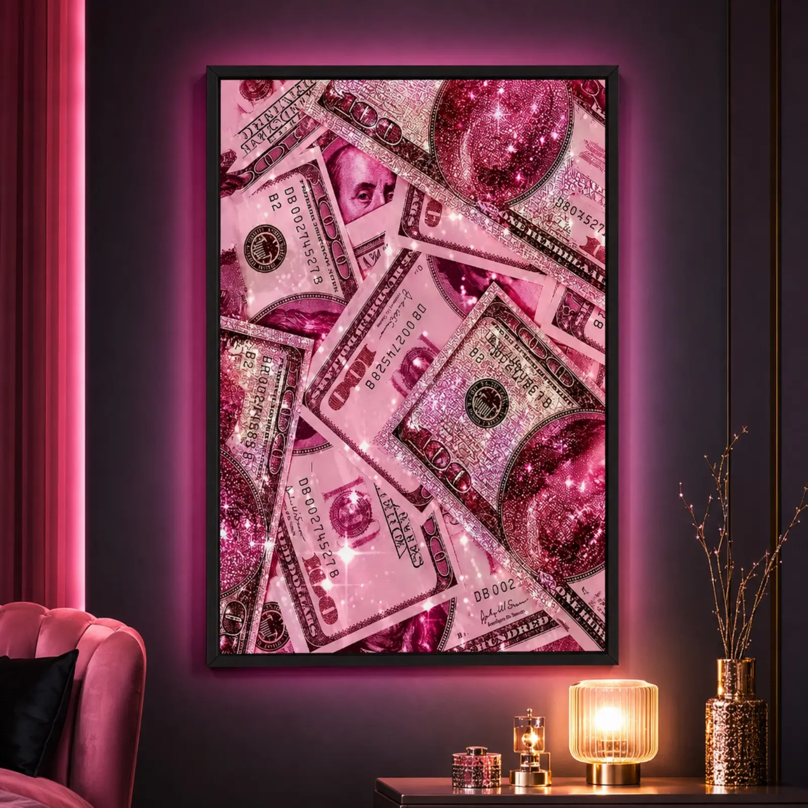 Pink Money Canvas Wall Art Poster,Bills Poster, Luxury Glam Black Framed Artwork for Bedroom, Beauty Room, Dorm, Office and Living Room Decor, Gift for Women and Money Lovers