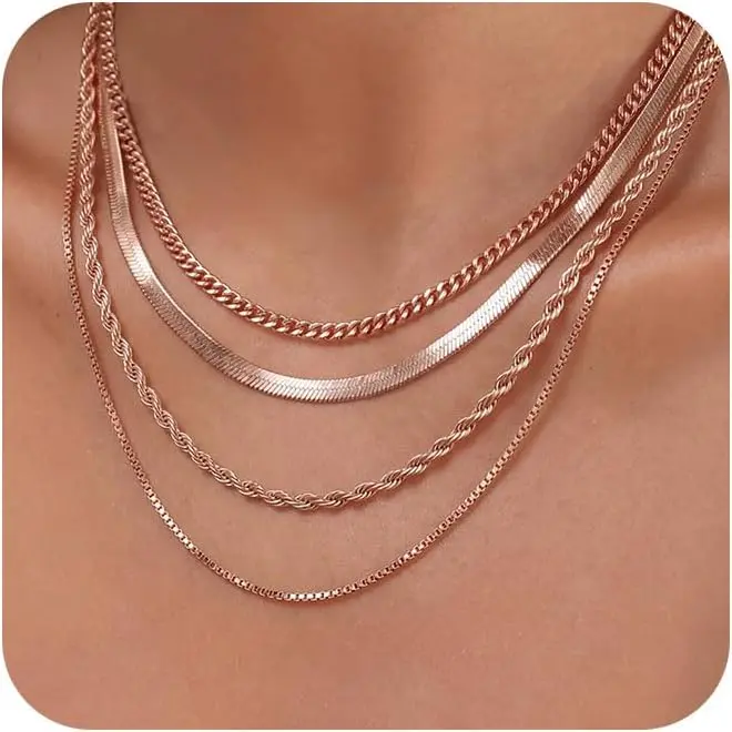 Tewiky Women's 14K Gold Plated Stackable Mixed-Chain Chunky Necklaces Set - Herringbone, Snake, Rope, Box, Cuban Link Chains, Waterproof Choker, Non-Tarnish Dainty Costume Jewelry for Casual Wear, Mixed-Chain Necklaces