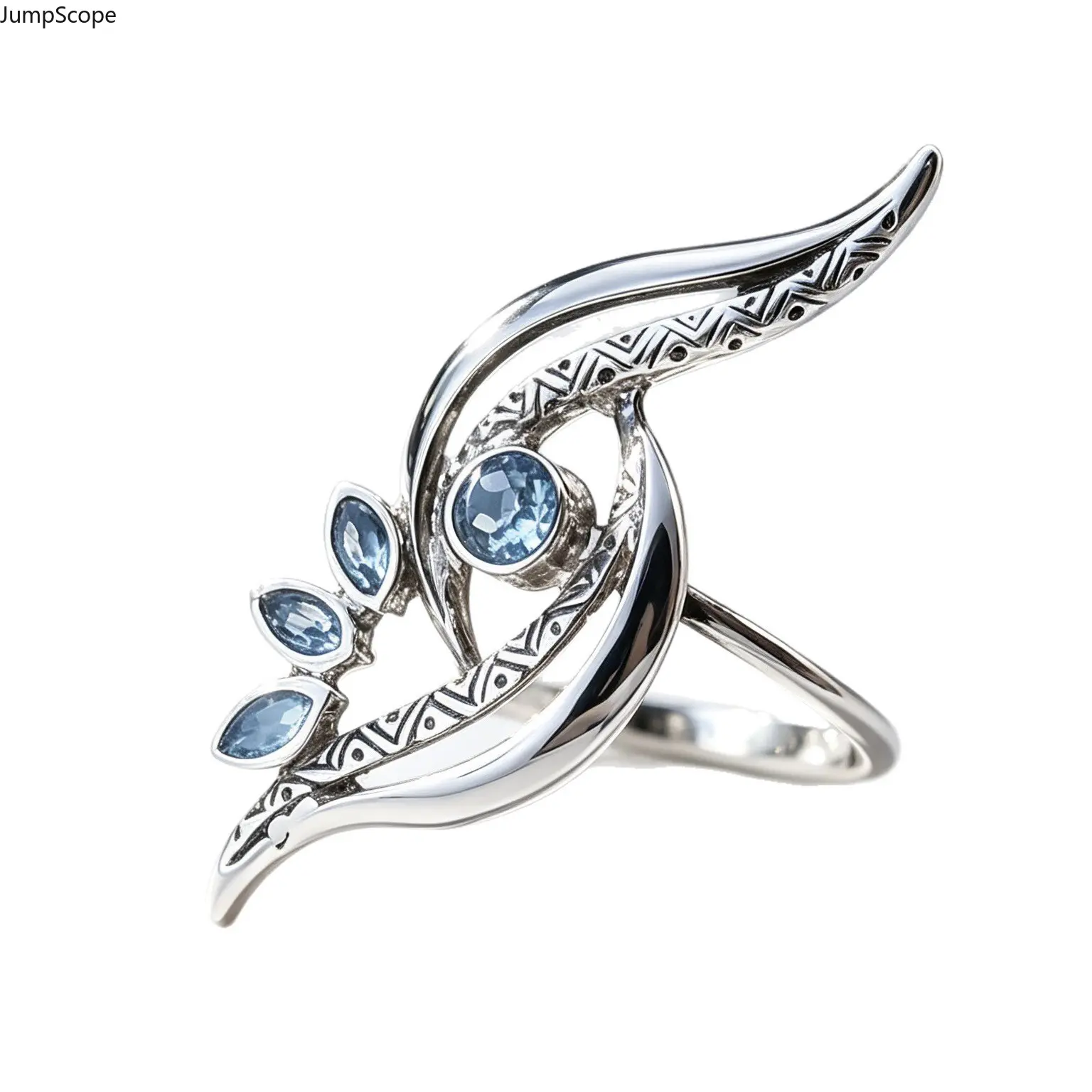 Women's Asymmetrical Peacock Feather Open Adjustable Ring - Vintage Silver Tribal Engraved Blue Ethnic Boho Twisted Wing Statement Band, MDF+Steel, for Female Everyday Retro Wear, No