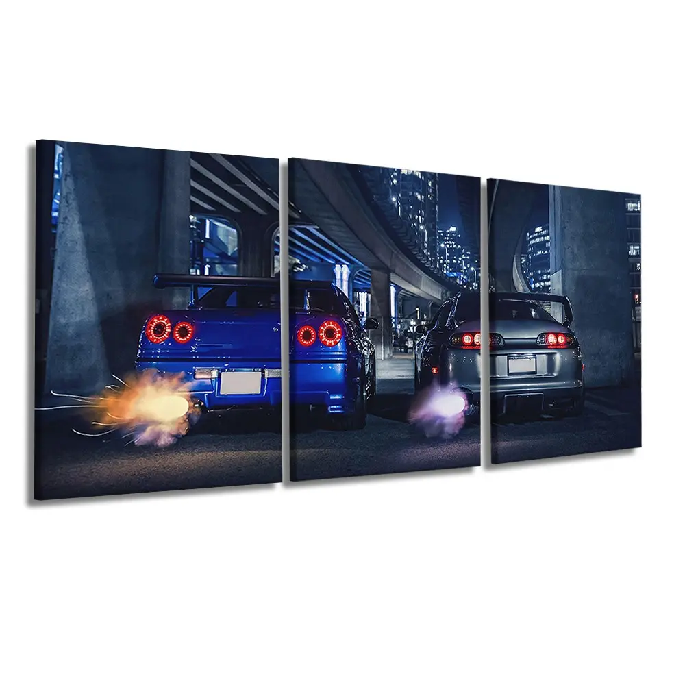 3 Pcs/Set Wooden-Framed Canvas Painting, Blue And Silver Sport Cars Exhaust Flame Urban Viaduct Night City Lights Three Panel Canvas Wall Art Garage Man Cave JDM Car Lover Bedroom Entryway Apartment Home Decor, Fashion Artistic Ornaments, Artwork