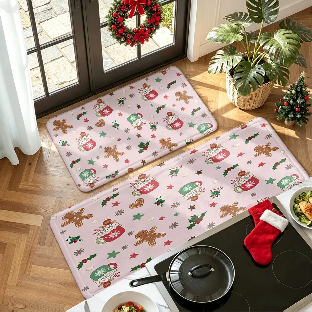 2pcs Classic Gingerbread Man Kitchen Floor Mat Set, Machine Washable Non‑Slip Rug for Kitchen & Home Christmas Decor