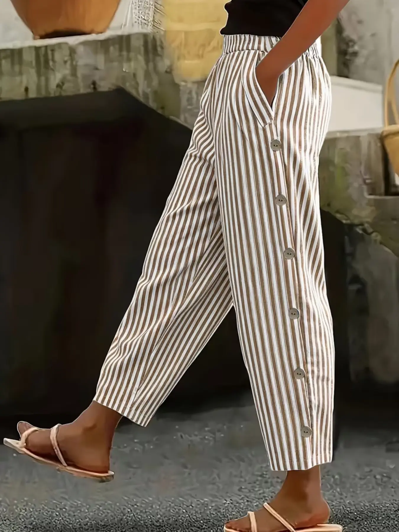 Plus Size Striped Button Pants Casual Elastic Waist Loose Pants, Basic Daily Bottoms, Relaxed Fit Casual Ensembles, Stylish Pocket Lightweight Wear