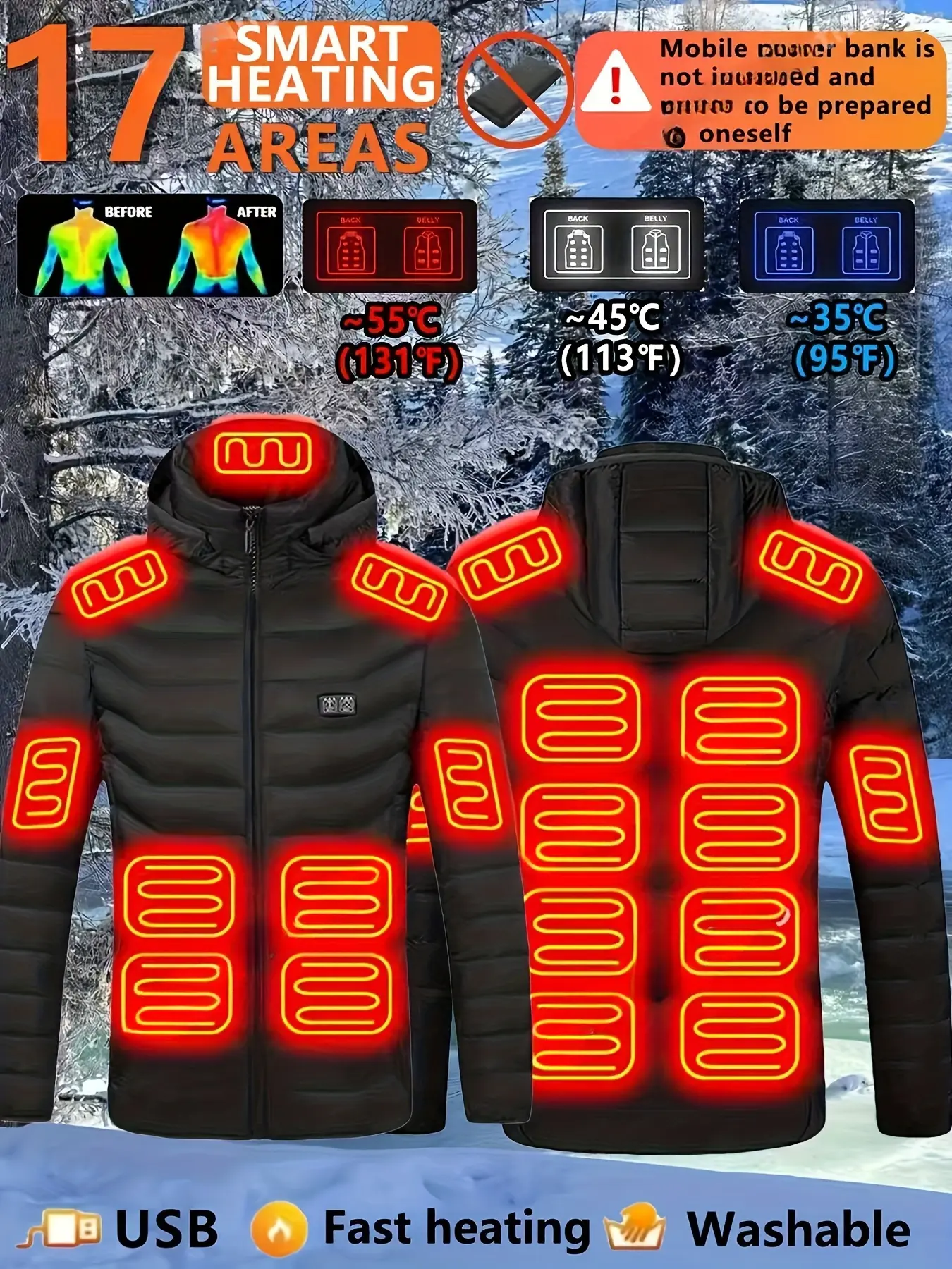 Men's Electric Heating Jacket, 3-Tier USB Fast Heat, Washable Winter Coat, Battery Pocket, Ideal for Skiing, Hunting, Hiking