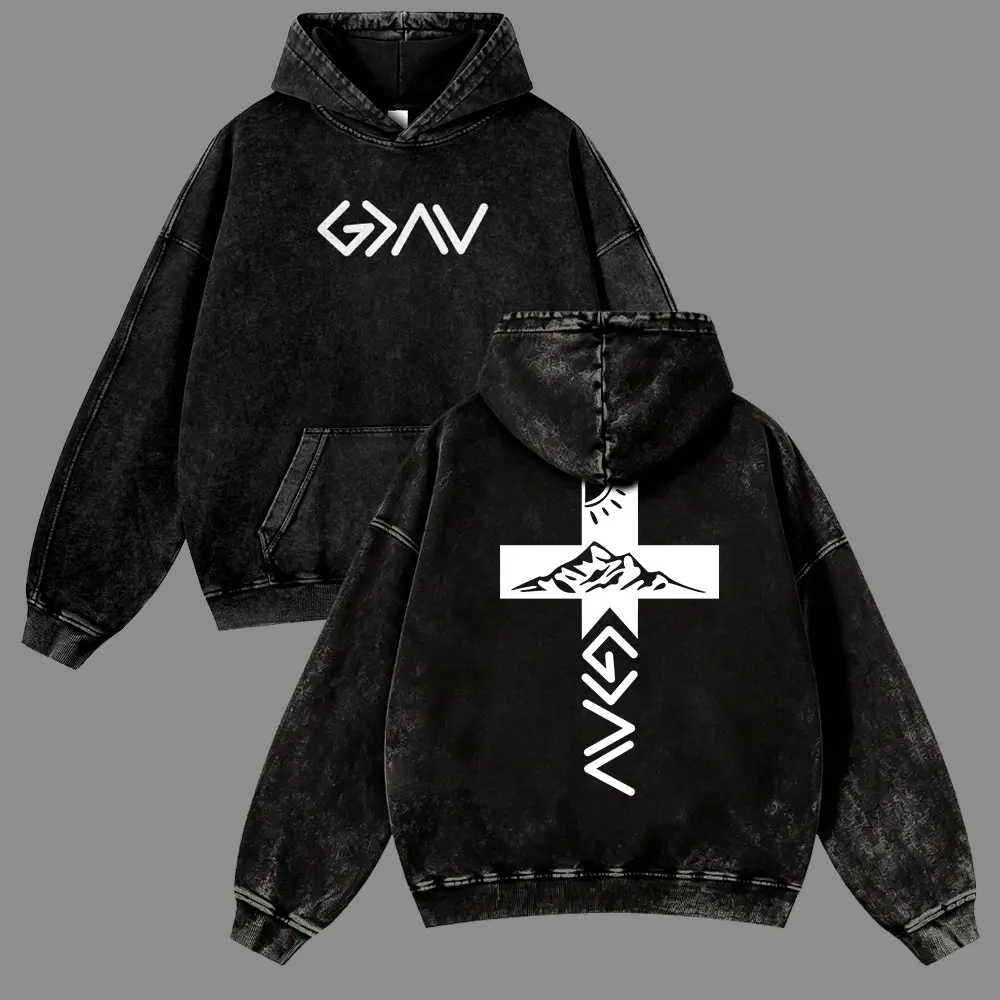 Men's Oversized Vintage Washed Cotton Graphic Hoodie - Christian Cross Mountain Print, Heavyweight Acid Wash Pullover, Casual Menswear Tops with Durable Fabric